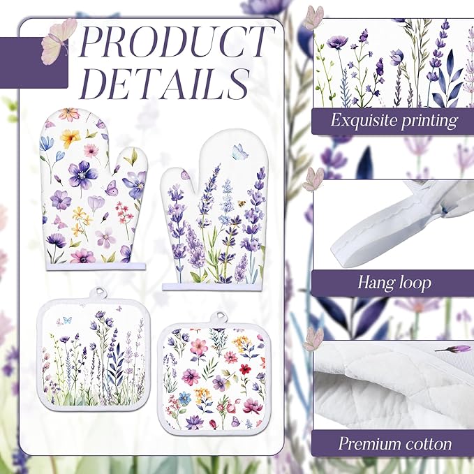 Spring Lavender Oven Mitts and Pot Holders Kitchen Dish Towels Set Purple - Image 4