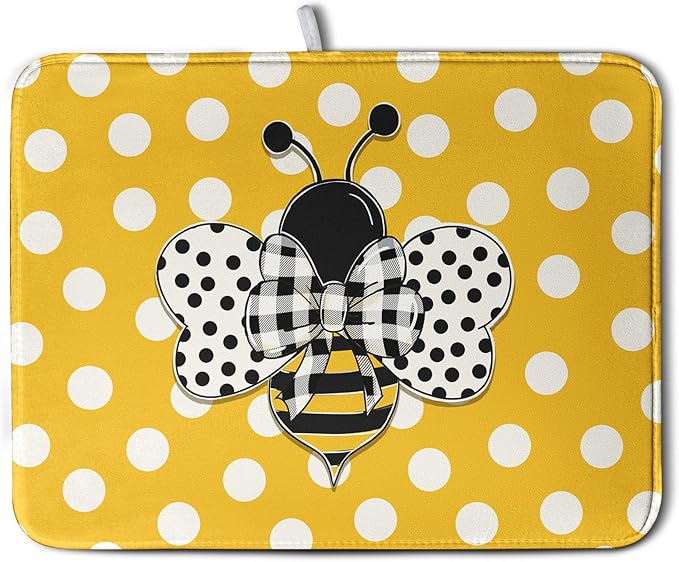 Bee Dish Drying Mat for Kitchen Counter 18x24 Inch Yellow Bumblebee Polka Dots by Kwlegh