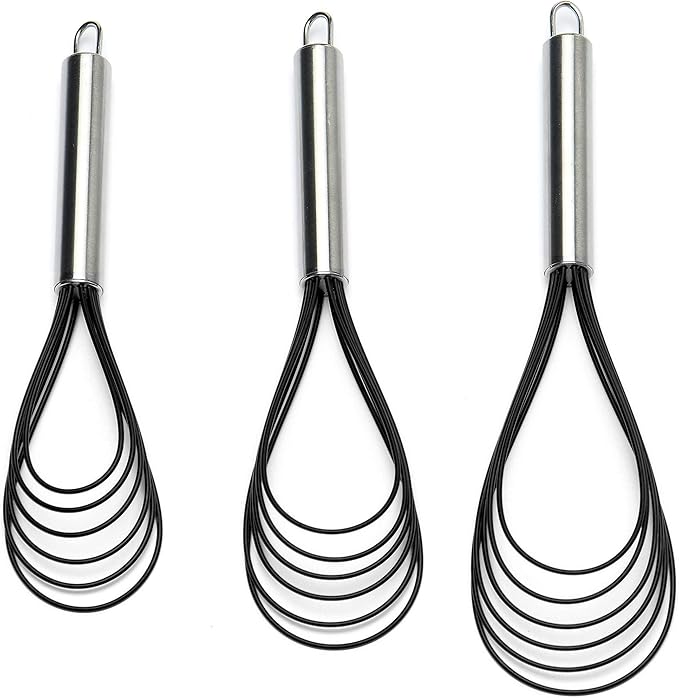 Flat Whisk Set, Stainless Steel 3 Pack 10''+11''+12'' Premium Sturdy-6 Silicone by Jell-Cell