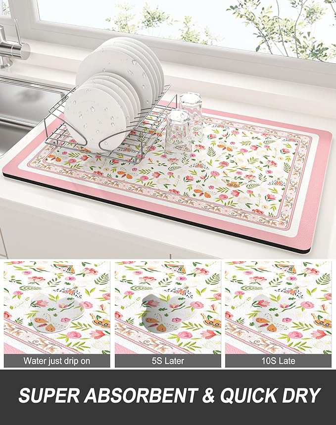 Rnivvi Dish Drying Mat for Kitchen Counter, 12 x 19" Cute Flower Theme Super - Image 3
