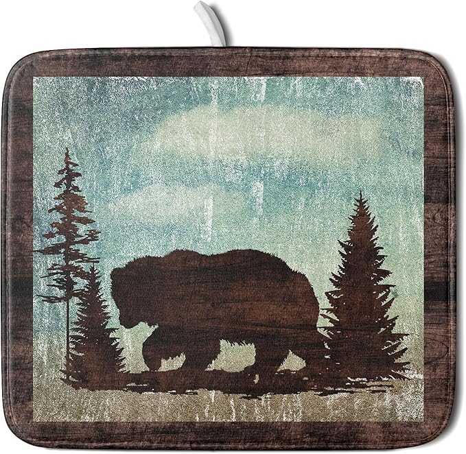 Giwawa Retro Brown Bear Forest Cabin Dish Drying Mat Countertop 16x18 Fall Blue by Giwawa