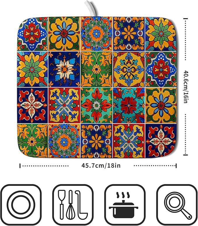 Mexican Tiles Dish Drying Mat for Kitchen Counter Absorbent Microfiber Dish - Image 2