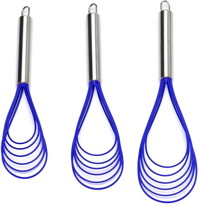 Flat Whisk Set, Stainless Steel 3 Pack 10''+11''+12'' Premium Sturdy-6 Silicone by Jell-Cell