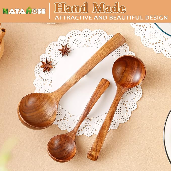 3Pcs Wooden Ladle for Soup, 3Size Natural Teak Wooden Cooking Spoons, Wood Soup - Image 7