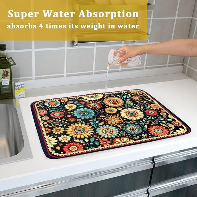 Boho Floral Dish Drying Mat for Kitchen Counter Absorbent Microfiber Flowers - Image 7