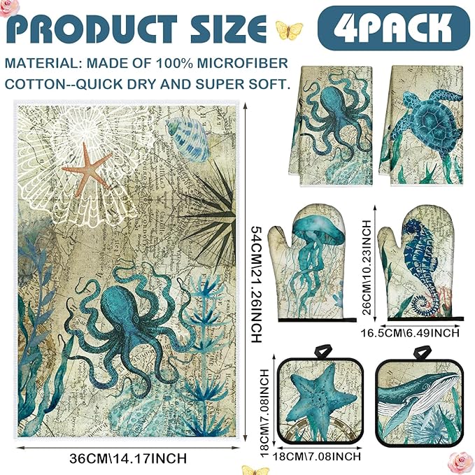 6 Pcs Sea Ocean Beach Kitchen Towels Pot Holders and Oven Mitts Set Coastal - Image 3