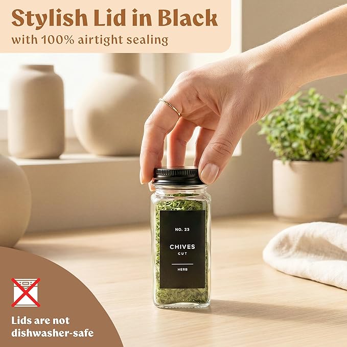 EDELHAUS Glass Spice Jars with Label and Black Aluminium Lids Spice Containers - Image 5