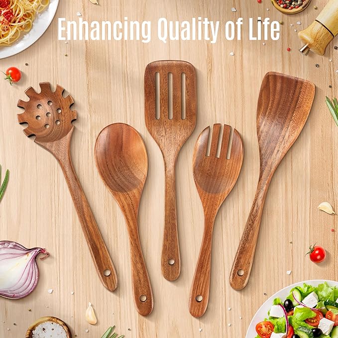 5 PCS Wooden Spoons for Cooking Natural Teak Kitchen Utensils Set Smooth - Image 8