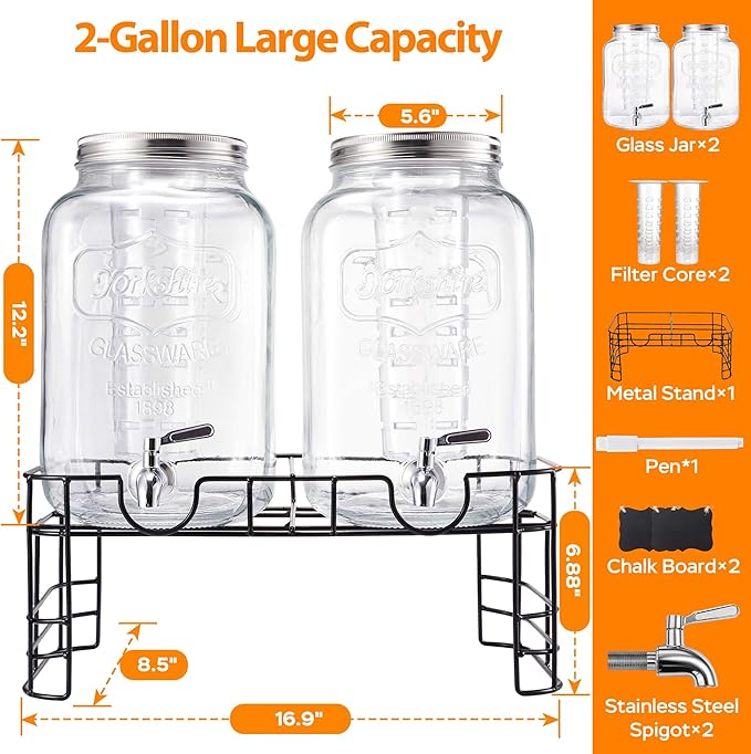 2 Gallon Large Glass Drink Dispenser Set, 2 Pack Beverage Dispensers - Image 2