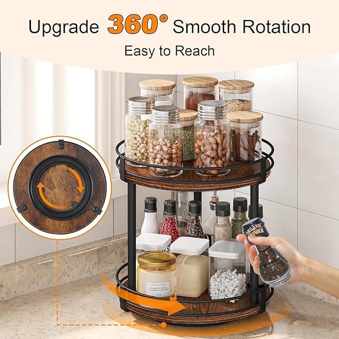 Snughome Rotating Spice Rack, 2 Tier Lazy Susan Organizer, Wood Kitchen - Image 3