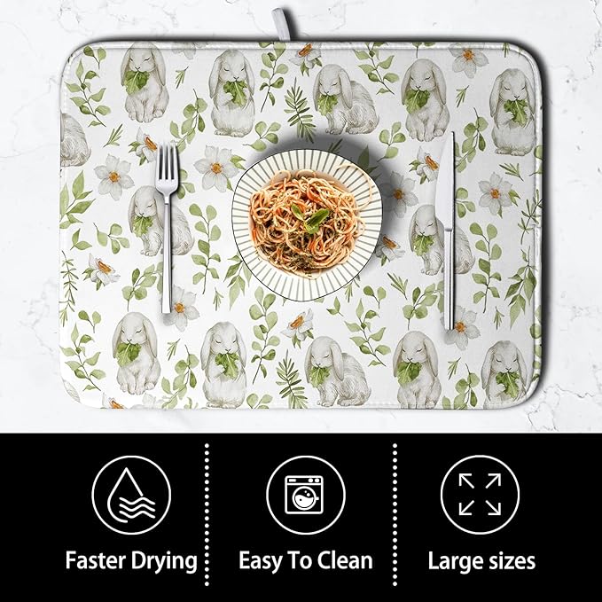 Easter Bunny Floral Drying Mat for Kitchen Counter Spring Easter Rabbits Green - Image 4