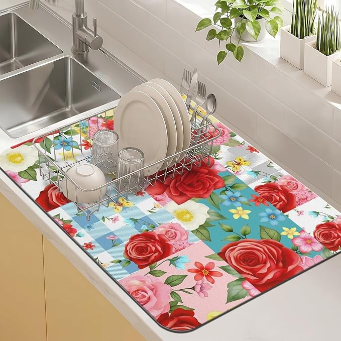 Kitchen Countertop Dish Drying Mat, Super Absorbent Coffee Bar Mat by Kuyig+Home
