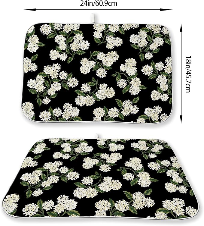 Black Dish Drying Mat 18x24 Inch Green Vintage Floral Hydrangea Flower Drying - Image 2