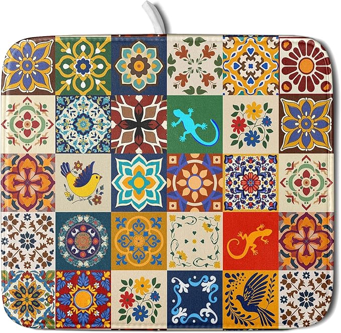 Giwawa Mexican Tile Dish Drying Mat 16"x18" Talavera Boho Floral Print Dish by Giwawa