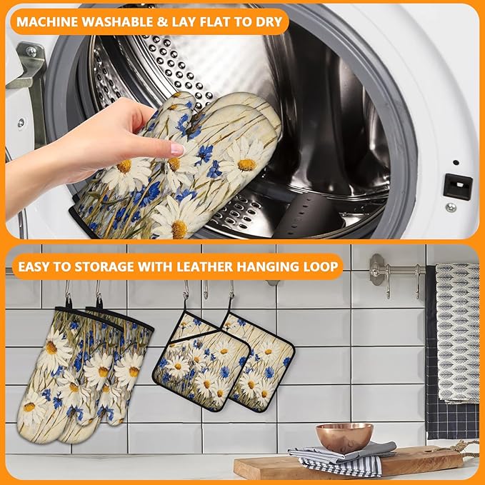 Daisy Flowers Oven Mitts and Pot Holders Sets 4Pcs, Extra Long Oven Gloves - Image 5