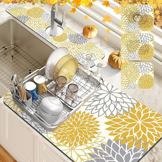 Findosom 2PCS 16" x 24" Fall Dish Drying Mat & 24" x 5.5" Sink Splash Guard by Findosom