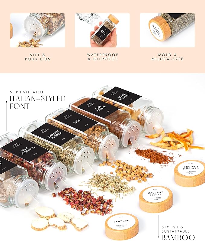 Bamboo Glass Spice Jars with Label and Shaker Lids Clear Empty 4oz 24 Pack - Image 6