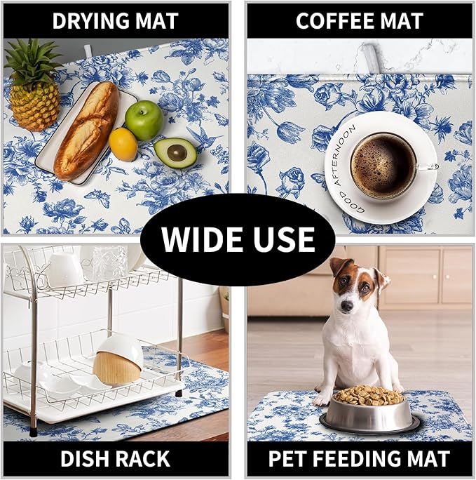 Dish Drying Mat for Kitchen Counter Blue and White Floral Drying Mats - Image 7