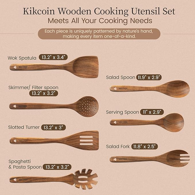 Kikcoin 7 PCS Durable Natural Teak Wooden Cooking Utensils Set, Non Toxic - Image 2