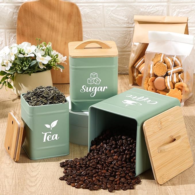 Maxdot 3 Set Coffee Sugar Tea Containers, Square Airtight Kitchen Canisters - Image 4
