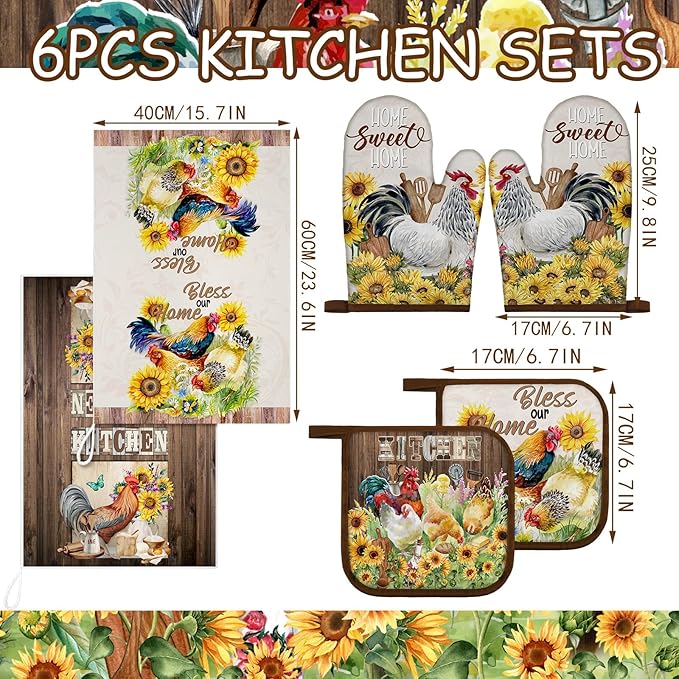 Leinuosen 6 Rooster Sunflower Farmhouse Kitchen Decor Dish Towels Oven Mitts - Image 3