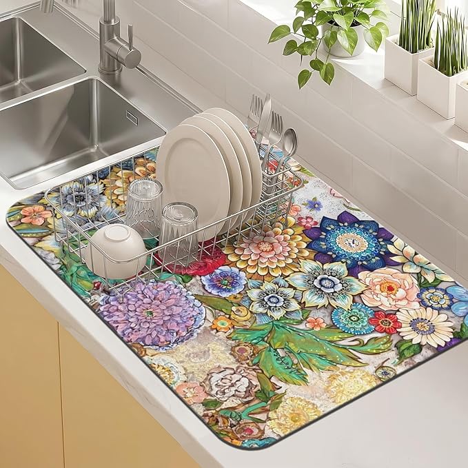 Kitchen Countertop Dish Drying Mat, Super Absorbent Coffee Bar Mat by Kuyig+Home