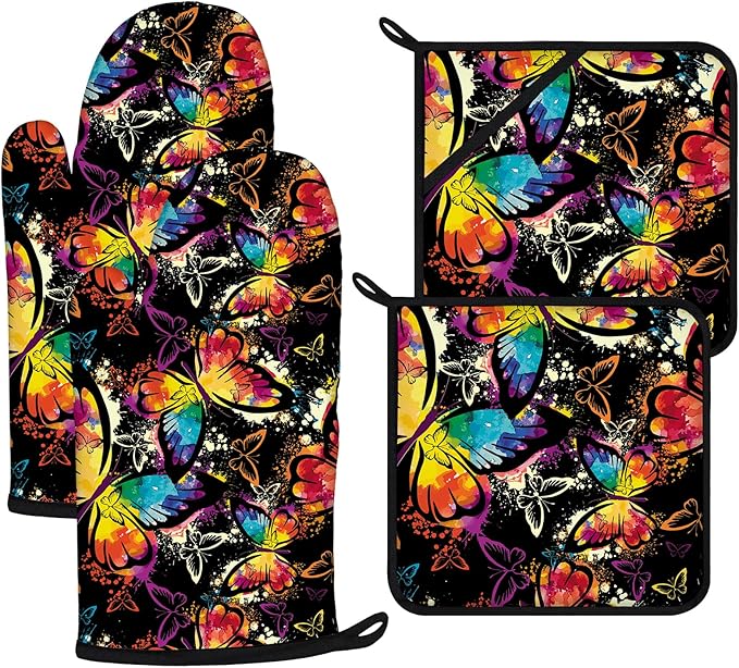 Colorful Butterfly Oven Mitts and Pot Holders Sets 4Pcs, Extra Long Oven Gloves by VisittheDuibelproduct