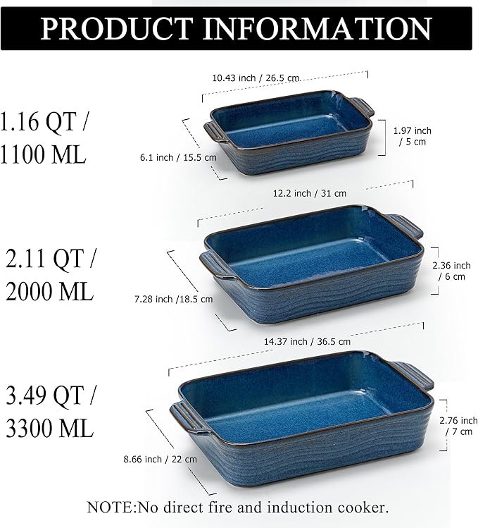 Kiln-Transformed Blue Ceramic Baking Dish Set of 3, Casserole Dishes - Image 2