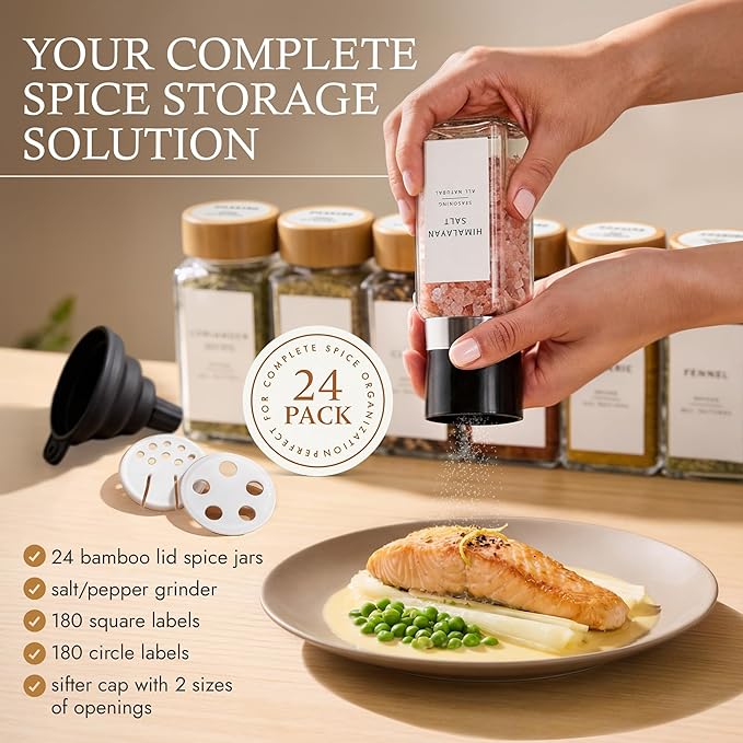 Glass Spice Jars with 360 Labels -24 pcs- 4oz- Spice Containers with Bamboo - Image 2