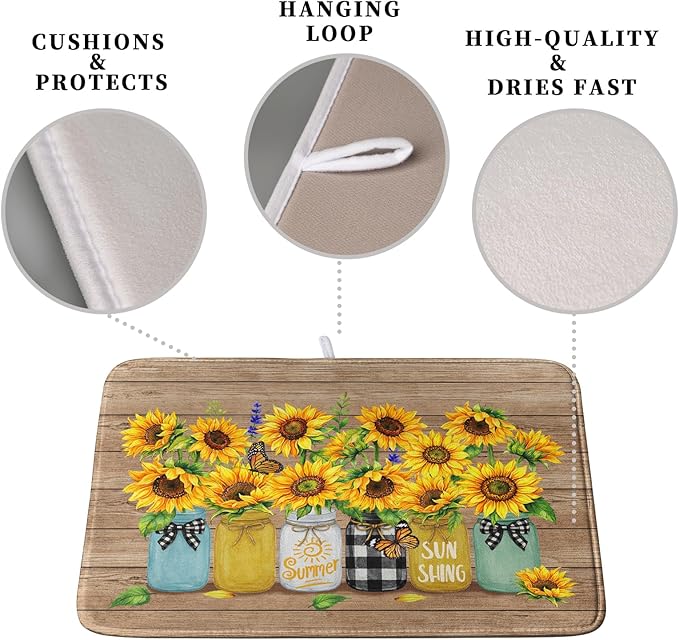 Sunflower Dish Drying Mat for Kitchen 16x18 Inch Counter Rustic Vintage Floral - Image 3