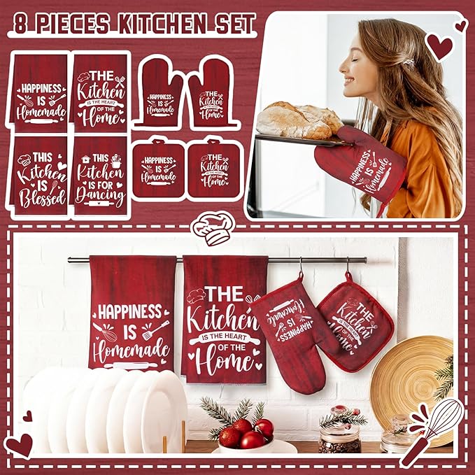 Leinuosen 8 Pcs Kitchen Towels and Oven Mitts Sets Pot Holders Dishcloths Set - Image 2