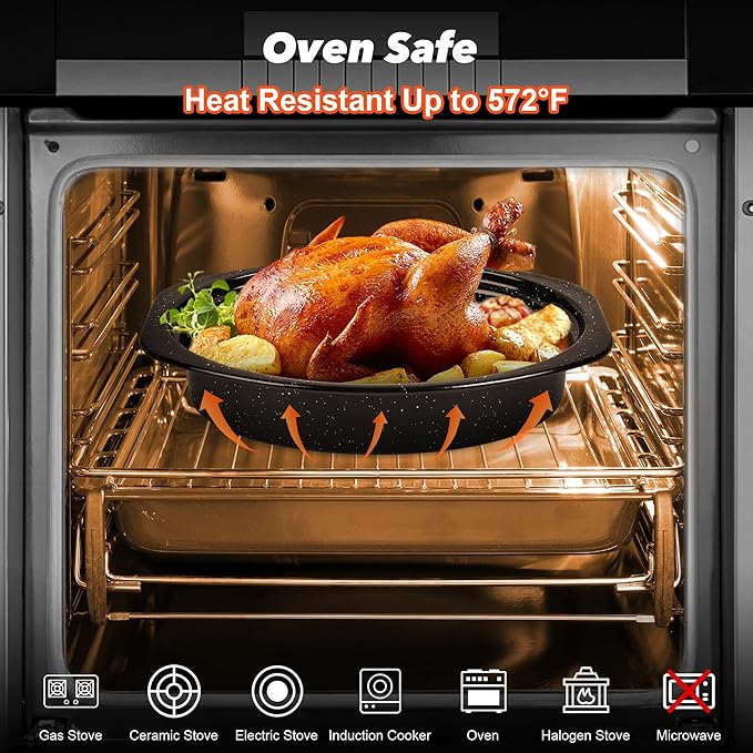13” Roaster Pan with Lid and Rack, Small Enamel Roaster Pan with Oval Roasting - Image 3