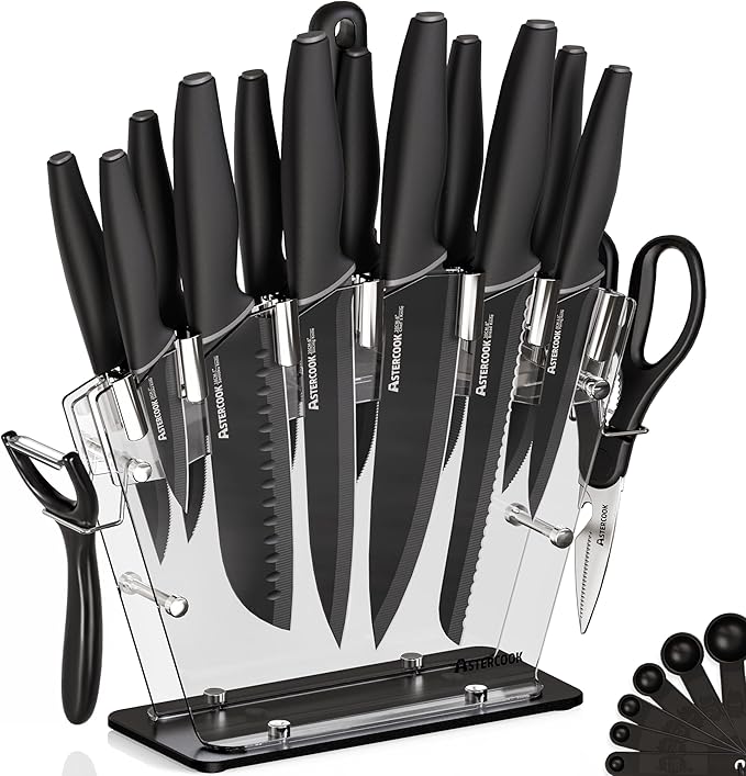 Astercook Knife Set with Block and Sharpener, 22 Piece Kitchen Knife Set by Astercook