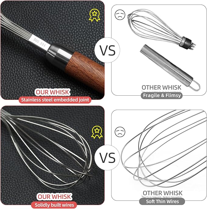Whisk for Cooking, Stainless Steel Wire Wooden Handle Kitchen Multi Function - Image 3