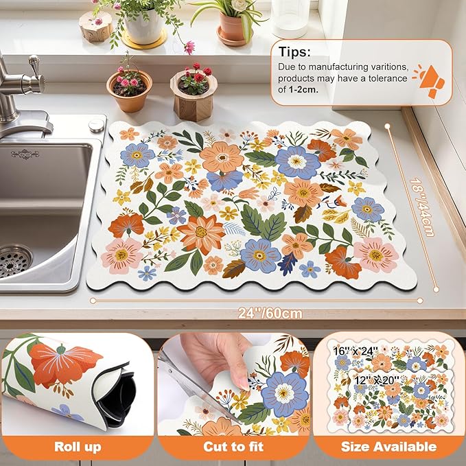 LOKHOM Scalloped Floral Dish Drying Mat, Cuttable Hide Stain Non-slip Drying Mat - Image 2
