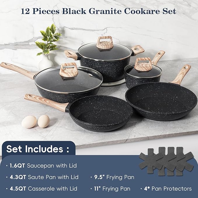 SODAY 12 Pcs Pots and Pans Set Non Stick, Cookware Sets Black Granite Induction - Image 3