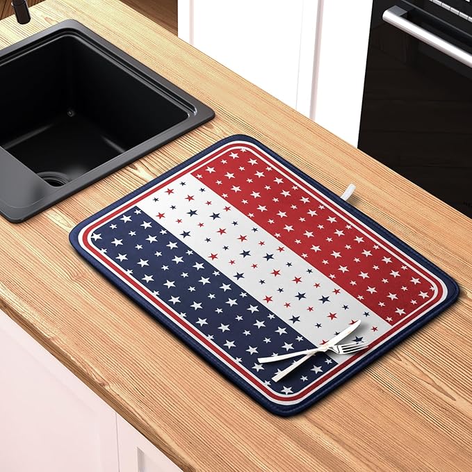4th of July Dish Drying Mat for Kitchen Counter Patriotic Red White Blue Stars - Image 6