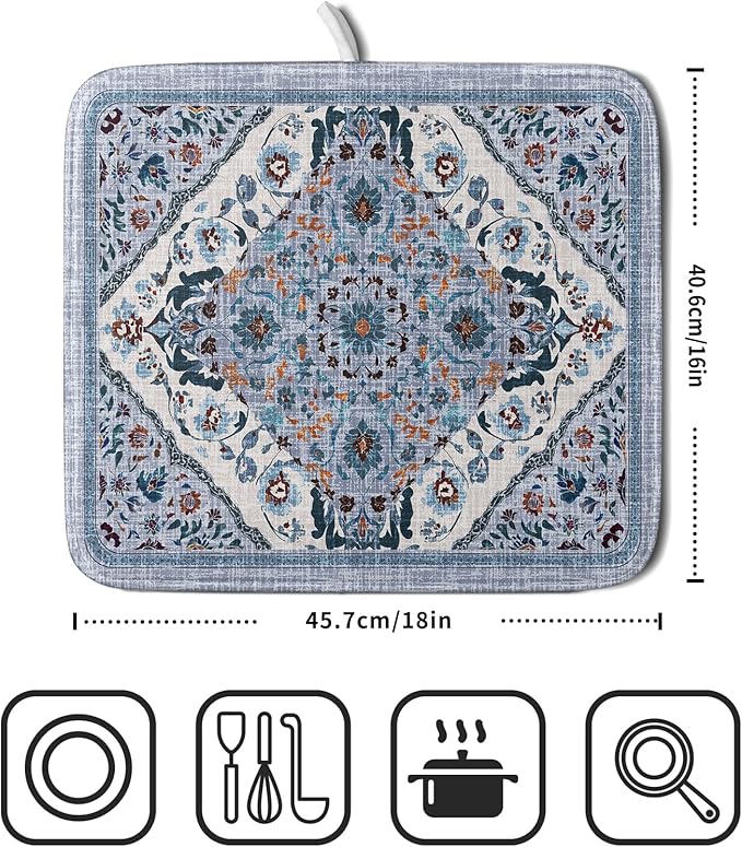 Boho Flower Dish Drying Mat Blue Bohemian Dishes Drainer Rack Mat 16x18 Inch - Image 2