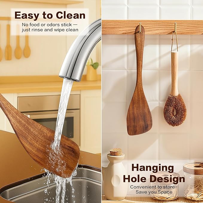 Jilla-hla Wooden Spatula Nonstick Turner Acacia Wood, Right Long Handle Flat - Image 7