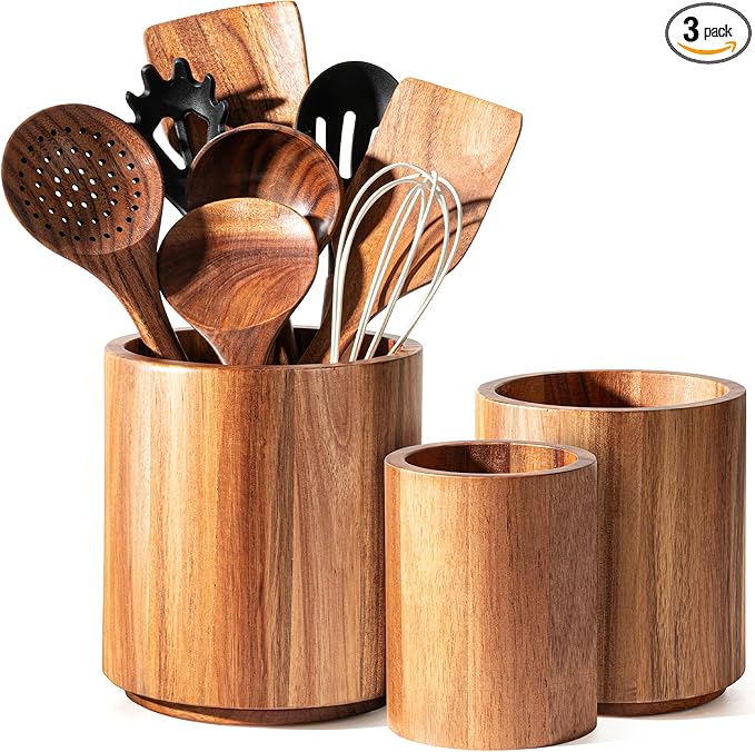 Criusia Utensil Holder 3 Pack, 360° Rotating Acacia Wood Cooking Utensil Crocks by Criusia