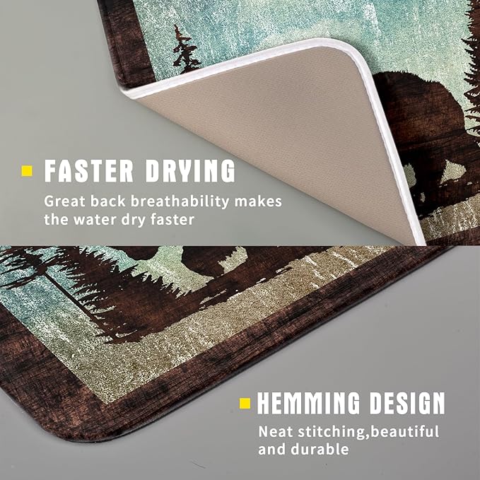 Giwawa Retro Brown Bear Forest Cabin Dish Drying Mat Countertop 16x18 Fall Blue - Image 3