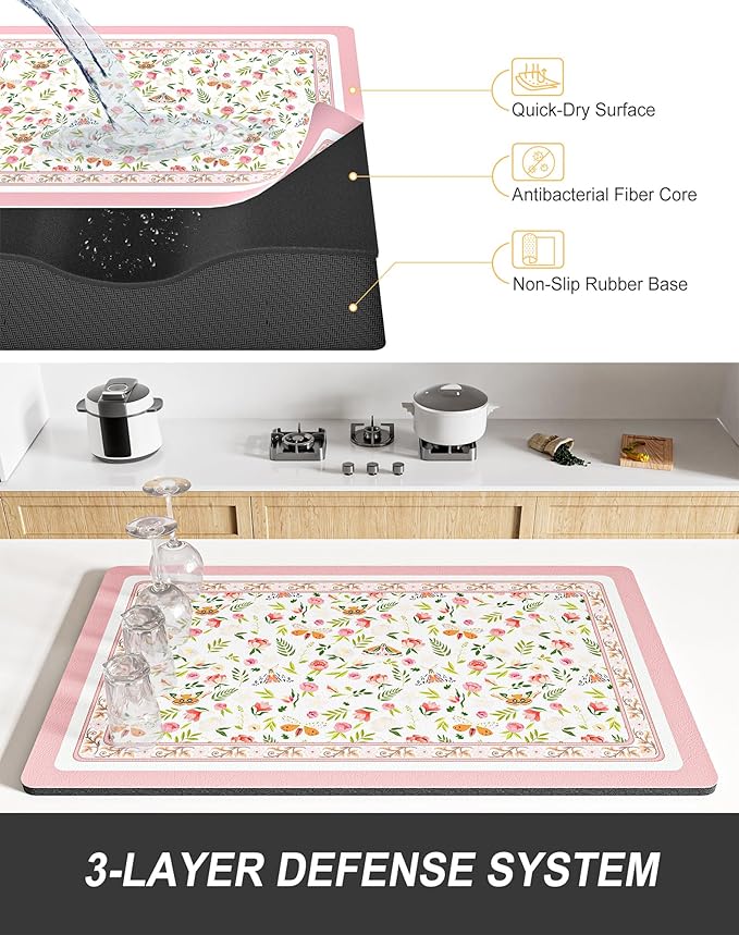 Rnivvi Dish Drying Mat for Kitchen Counter, 12 x 19" Cute Flower Theme Super - Image 4