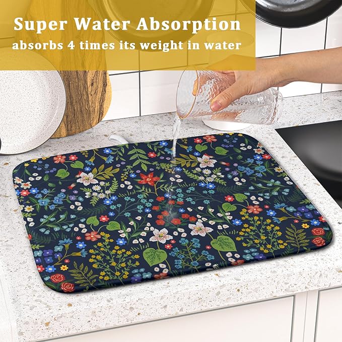 Flower Floral Dish Drying Mat Microfiber Navy Blue Absorbent Drying Pad - Image 7
