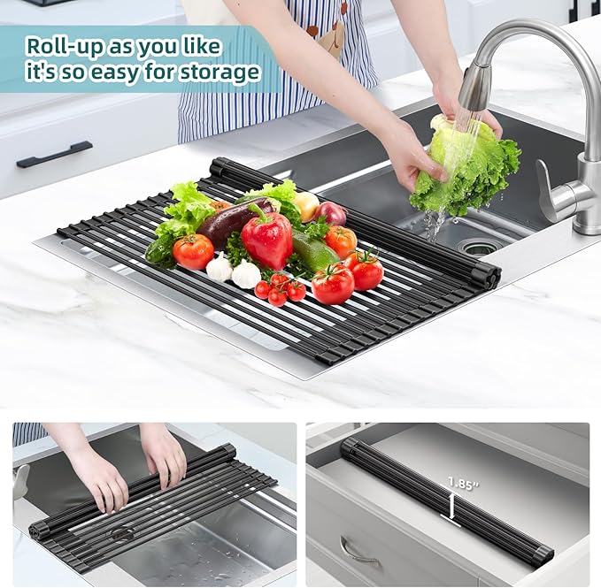 Ohuhu Sink Drying Rack, 20.5" W x 16.1" L Over Sink Roll-Up Dish Drainer - Image 6
