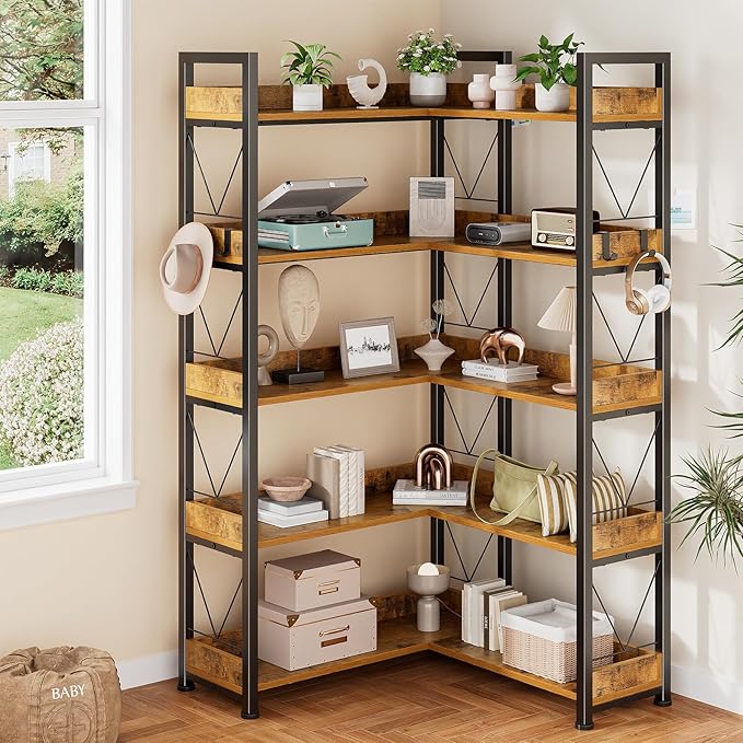 DUMOS 65 inch L Shaped Bookshelf, 5 Tier Corner Bookcase - Image 2