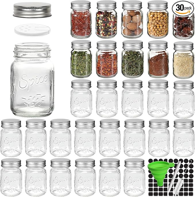 CycleMore 30 Pack 4oz Glass Mason Spice Jars, Round Spice Containers by CycleMore