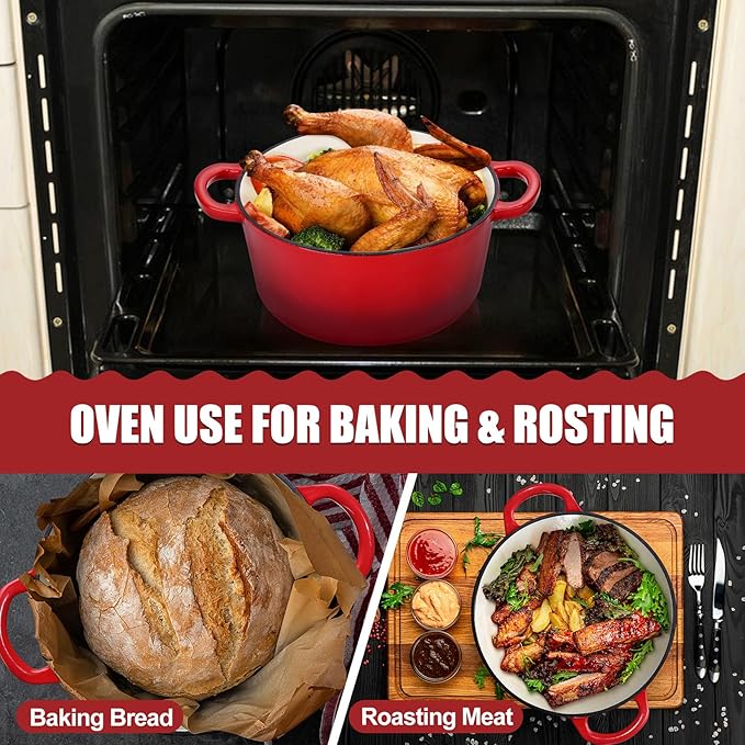 P&P CHEF 5Qt Dutch Oven Pot for Bread Baking, 2 In 1 Round Cast Iron Dutch Oven - Image 6