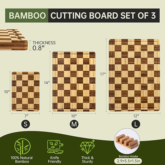 THETCHRY Bamboo Cutting Board Set, Checkered Wood Cutting Boards - Image 4