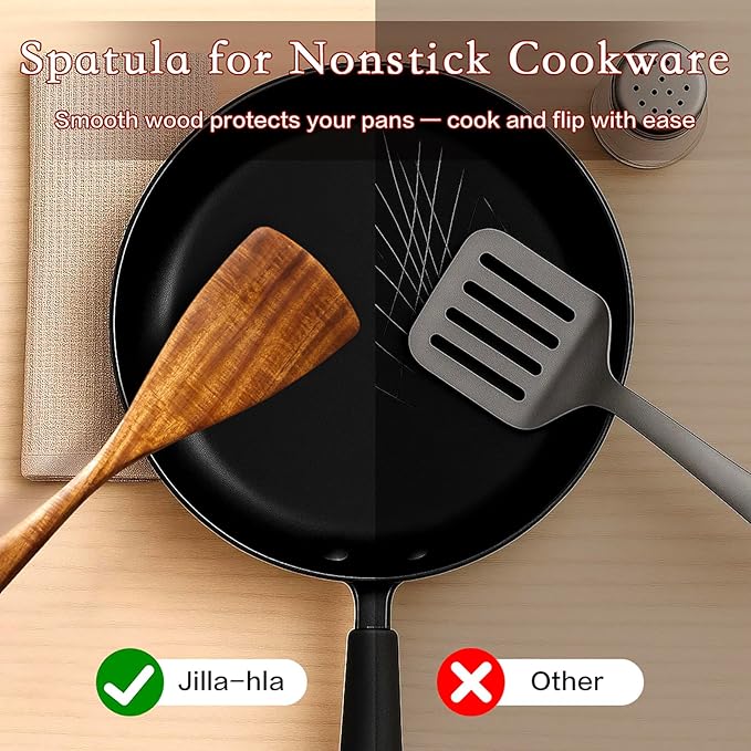 Jilla-hla Wooden Spatula Nonstick Turner Acacia Wood, Long Handle Flat Frying - Image 4