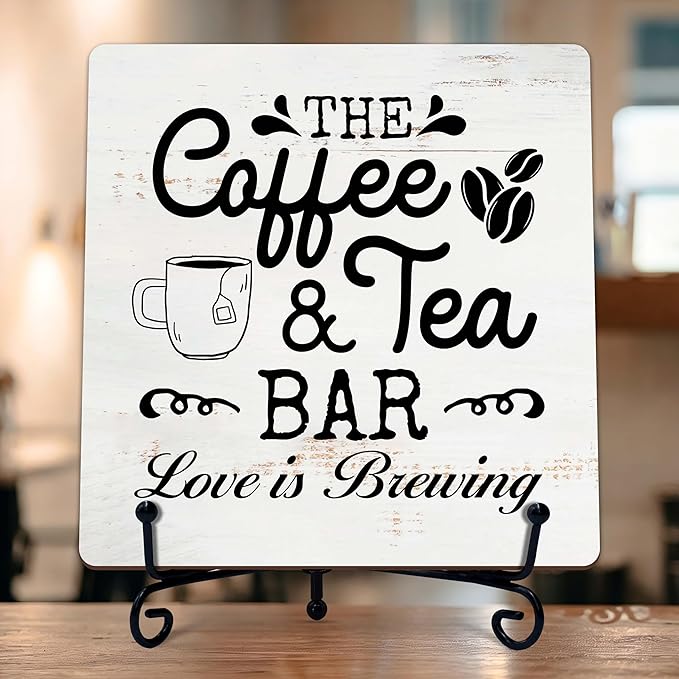 Coffee Bar Sign, Love is Brewing Farmhouse Tabletop Decor, Coffee and Tea Lover by TIRYWT